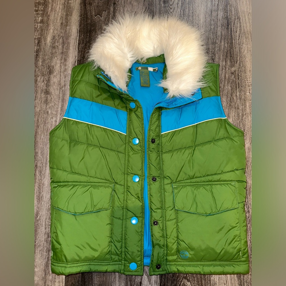 NWOT Split Women's Green Fur Removable Collar Snap Button Puffy Ski Vest Size M